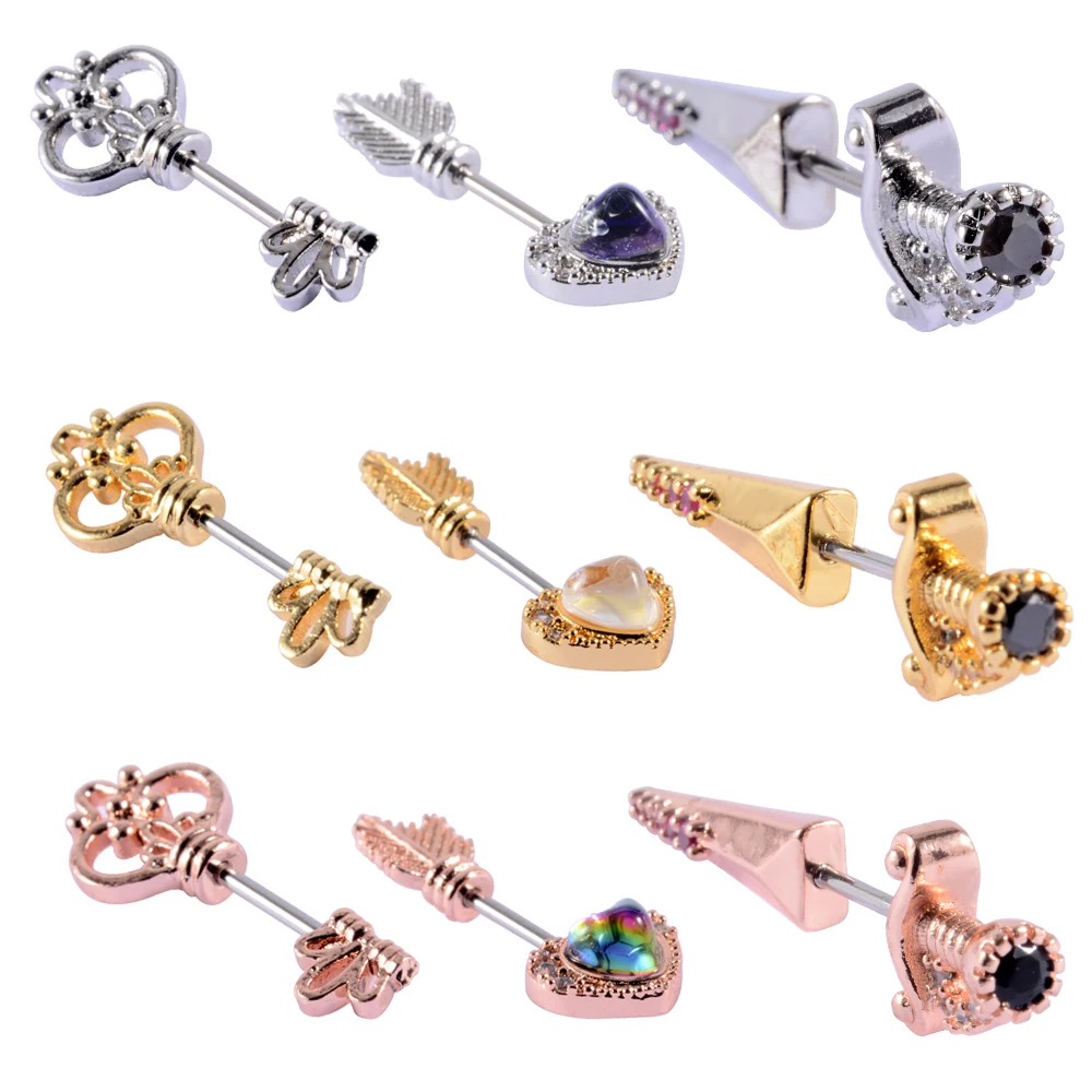 1Pc Key Earring Sword Ear Tragus Helix Cartilage Stud Lobe Piercing Heart Wing Ear Barbells with 20gX6mm Shaft Body Jewelry