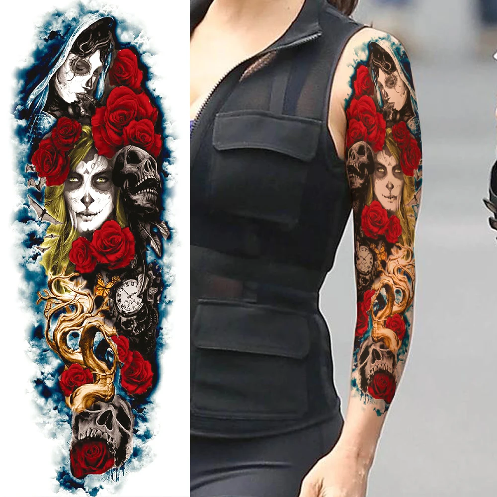 Sexy Skull Temporary Sleeve Tattoos For Women Girls Body Art Tatoos Full Arm Sleeve Tattoo Temporary Fake Washable Flower Decor