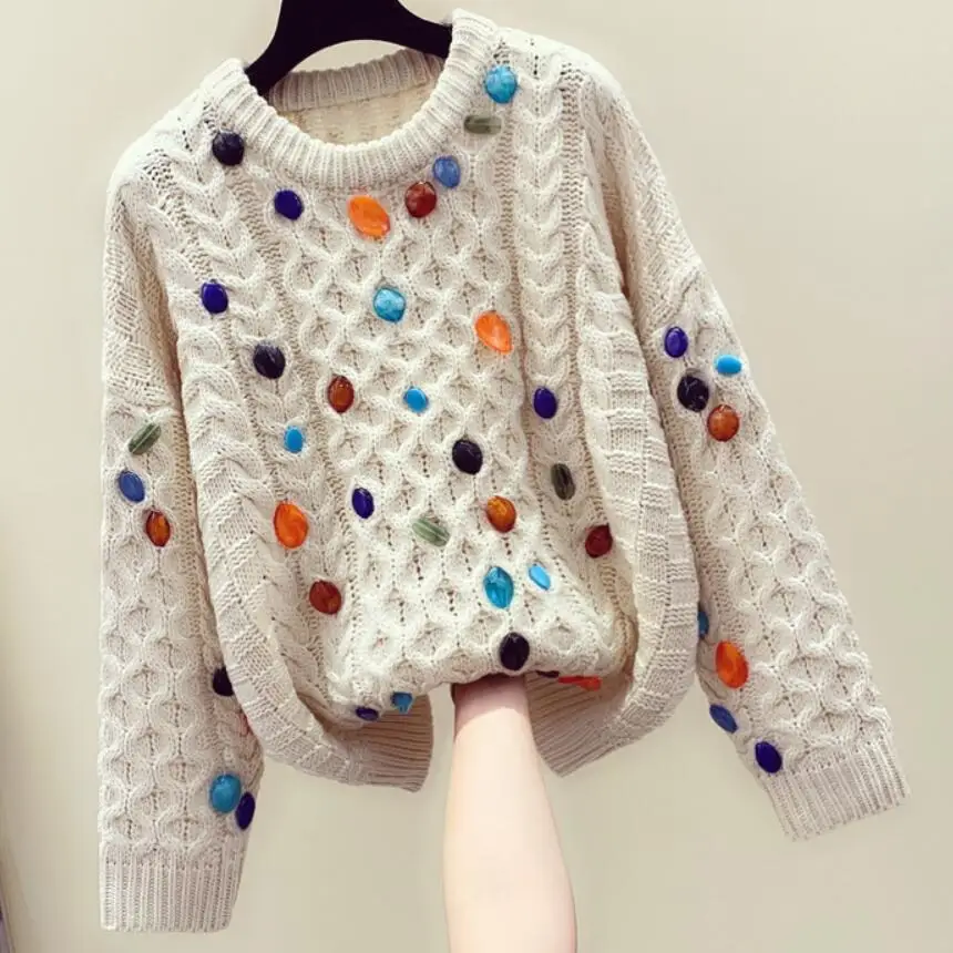 Heavy industry colored gem inlaid sweater women autumn winter fashion pullover twist knitted sweater