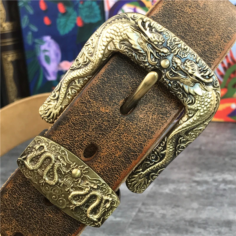 Chinese Dragon Cowboy Brass Belt Buckle Men\'s Belt Ceinture Homme Yellow Belt Male Wide Jeans Men Leather Belt Riem MBT0099