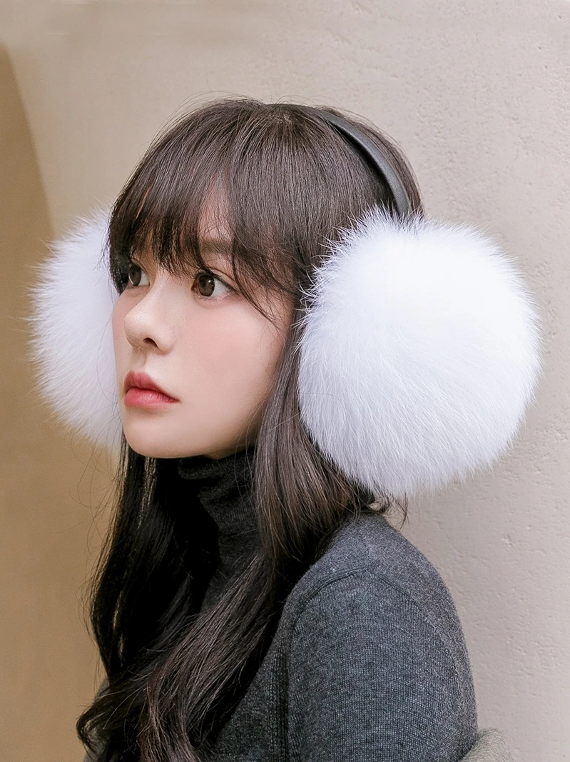 Winter Real Raccoon Fur Earmuffs Earflap Ear Muff Leather Bracket Genuine Fox Fur Ear Warmer