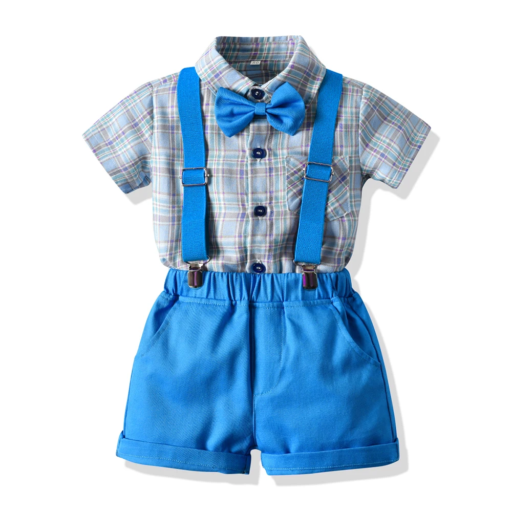 Top and Top Kids Clothing Set Boys Cotton Plaid Tops +Suspender Short Pant Clothes Suit Children Party Wear Costumes Bebes