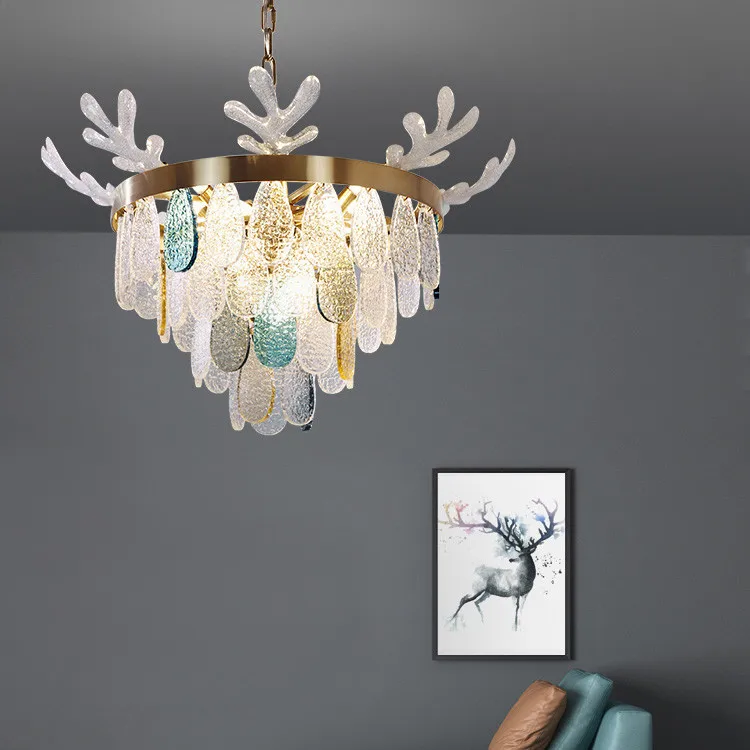 Nordic creative candy color glass slice chandelier living room  children's room bedroom American antler Chandelier