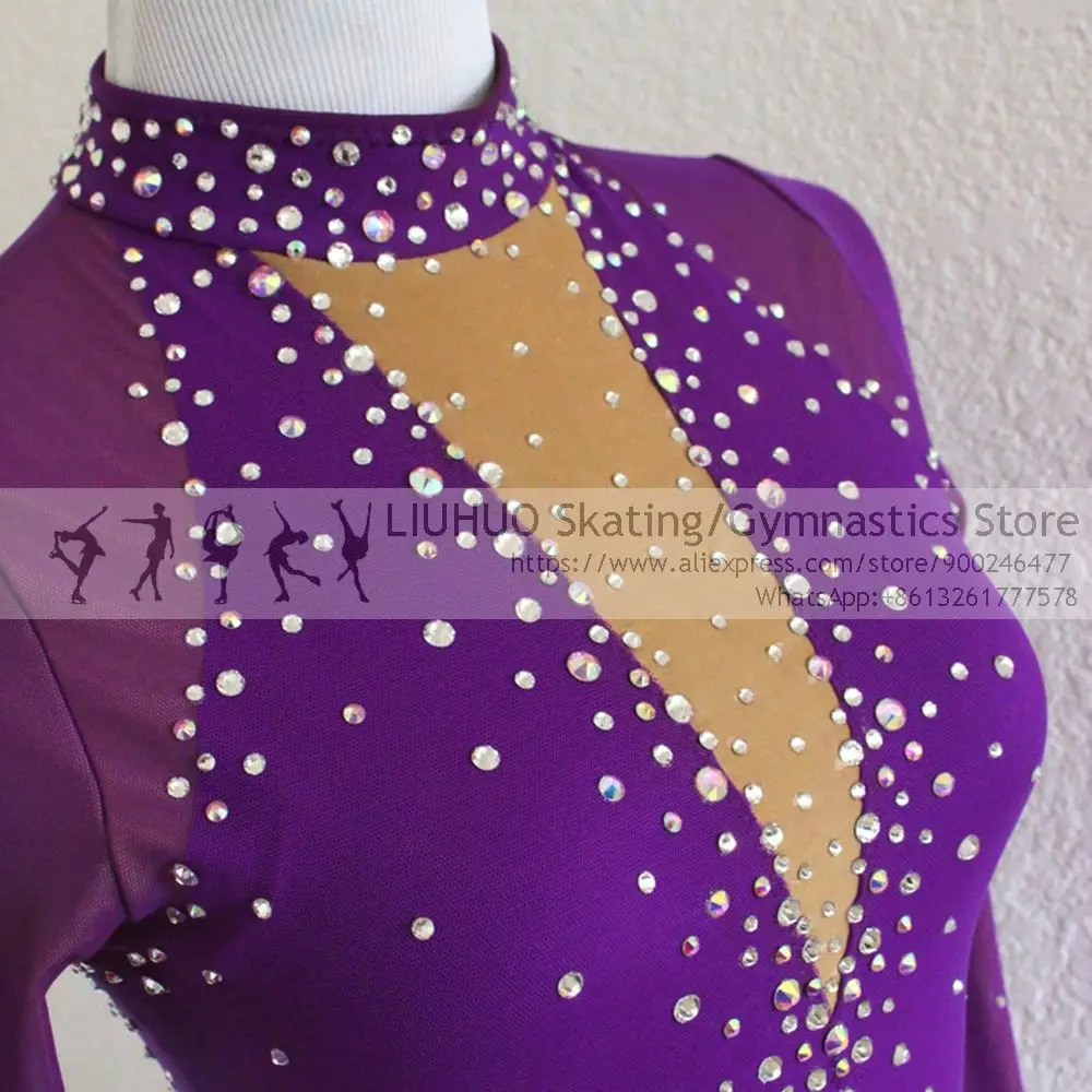 Figure Skating Dress Girls Women Competition Costumes Purple Ballroom Children Long Sleeves Performance Wear Rhythmic Leotard