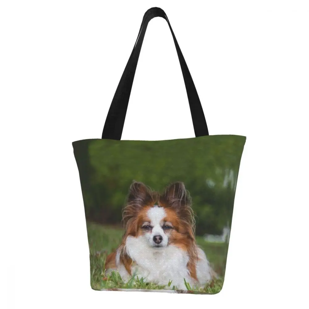 

Women Canvas Grocery Storage Shopper Eco Shopping Bag Handbag Reusable Papillon Dog Print Tote Bags Large Capacity Shoulder Bag