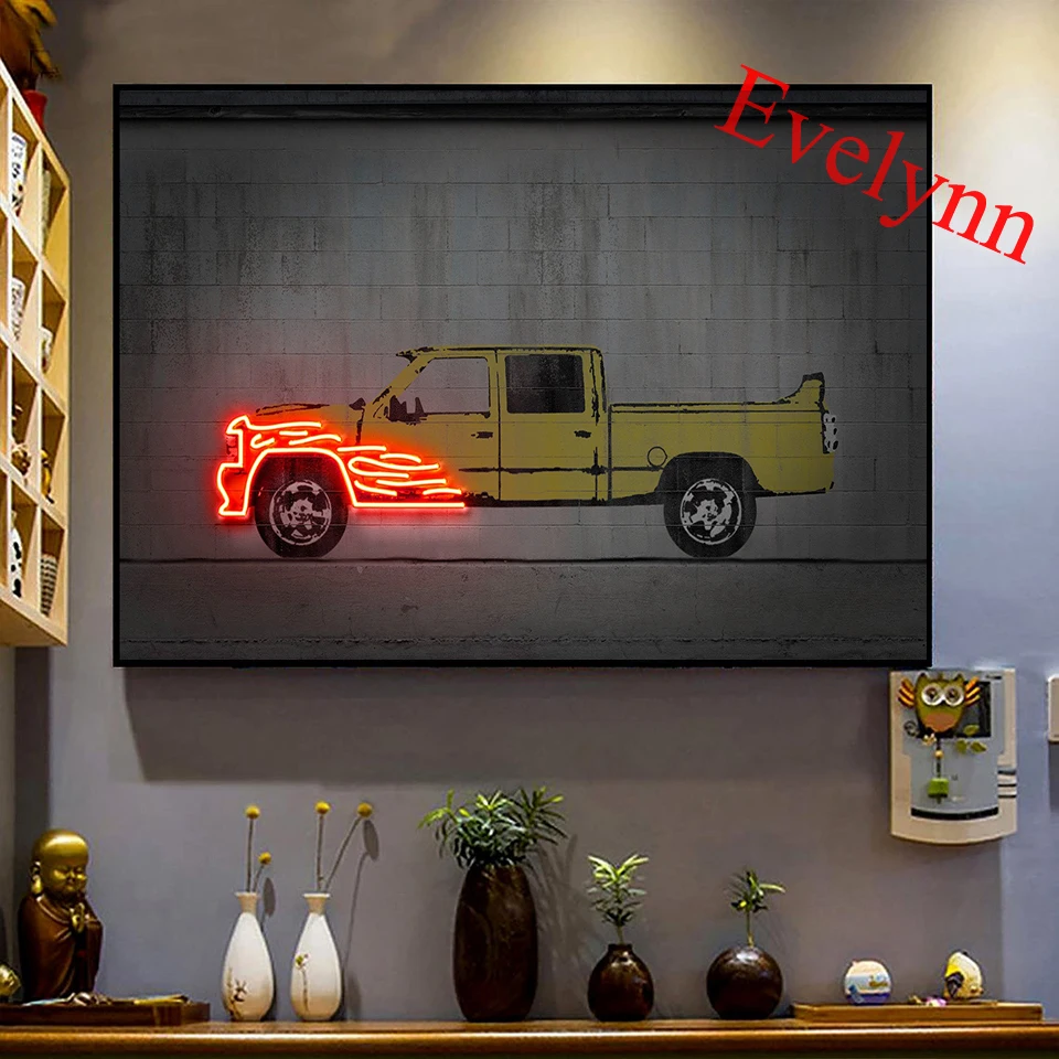 

Chevrolet Silverado Car Neon Poster Abstract Wall Art Prints Cartoon Yellow Car Modular Picture For Living Room Home Decor Frame