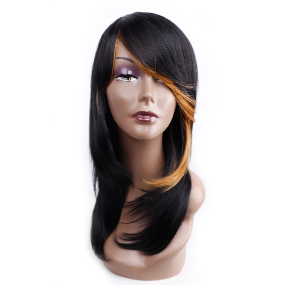 Amir Medium Length Straight Synthetic Wig For Women Natural Ombre Black To Red Color Hair With Bangs Heat Resistant