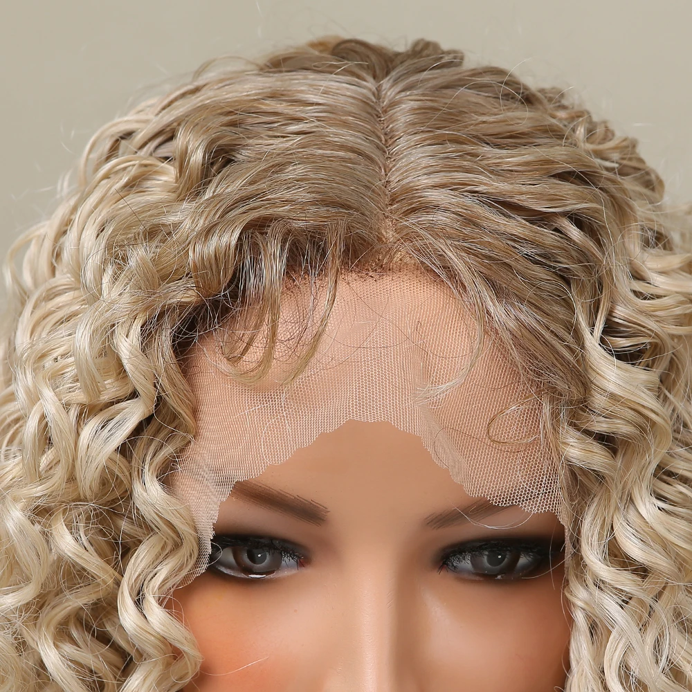 LOUIS FERRE Light Blonde 13*1 T Part Lace Synthetic Wigs for Women Heat Resistant Medium Length Deep Curly Wigs with Baby Hair