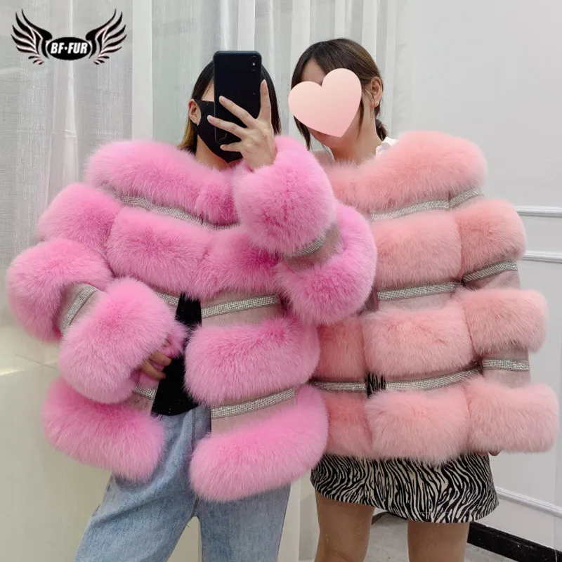 BFFUR Winter New Real Fox Fur Coat Women Genuine Fox Fur Jacket Splicing Cashmere Woolen Fur Coats With Crystal Diamonds