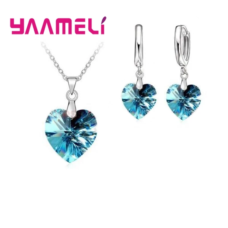 Liefde Hart Vorm Vrouwen 925 Sterling Zilver Bruids Sieraden Set Voor Bruiloft Mode Kristallen Hangers Kettingen Oorbel Set