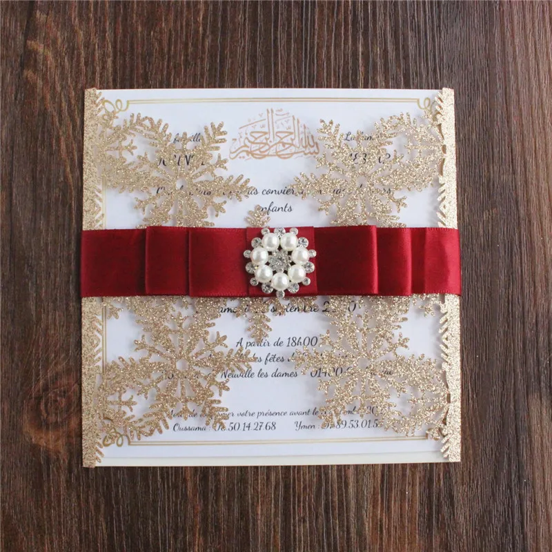 Winter Wedding Invitation Snowflake Laser Cut Theme Party Invite Burgundy Lace Brooch Favor Decoration Customized Design 50 Sets