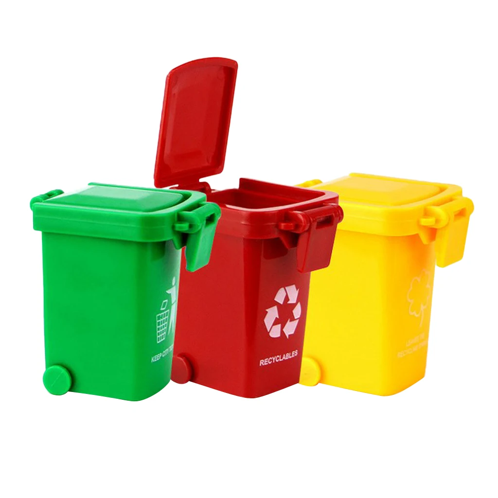 3x Kids Mini Trash Cans Recycling Bins Garbage Truck Toy 3-Pack (Green Red Yellow)