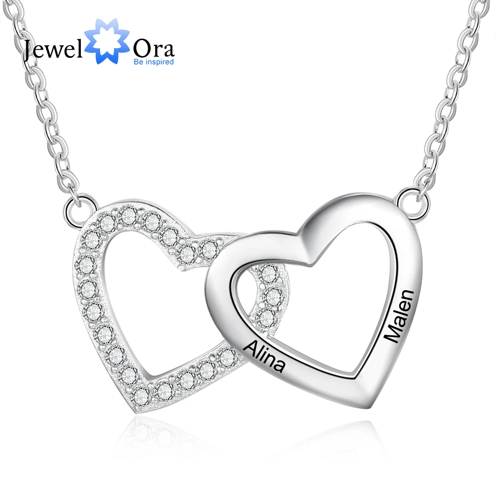 JewelOra Personalized Engraving 2-3 Names Heart Necklace Custom Cubic Zirconia Paved Pendants Anniversary Gift Jewelry for Women