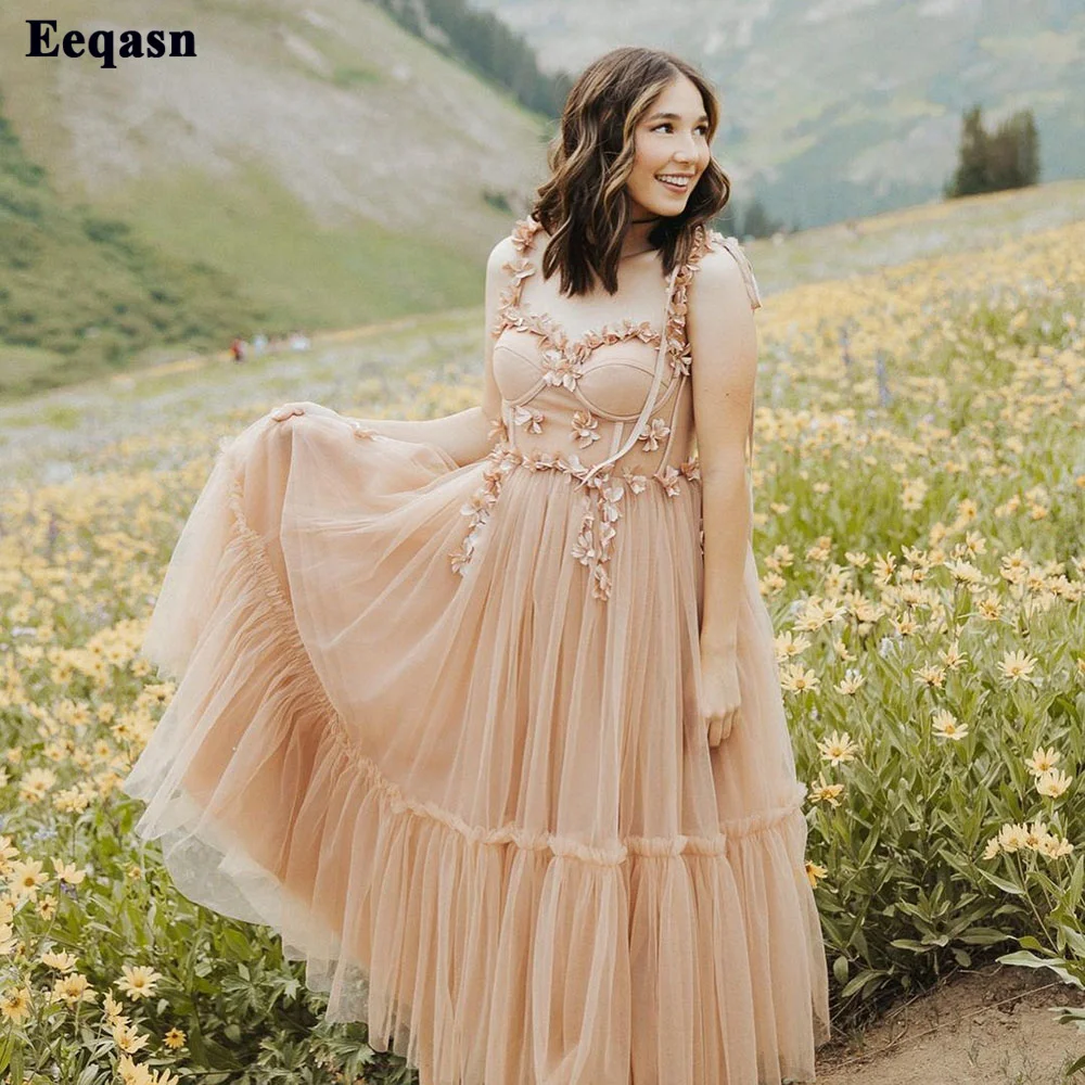 Eeqasn Champagne 3D Flowers Midi Prom Dresses Tiered Tulle Tea-Length Women Party Dress Exposed Bones Plus Size Prom Gowns 2022