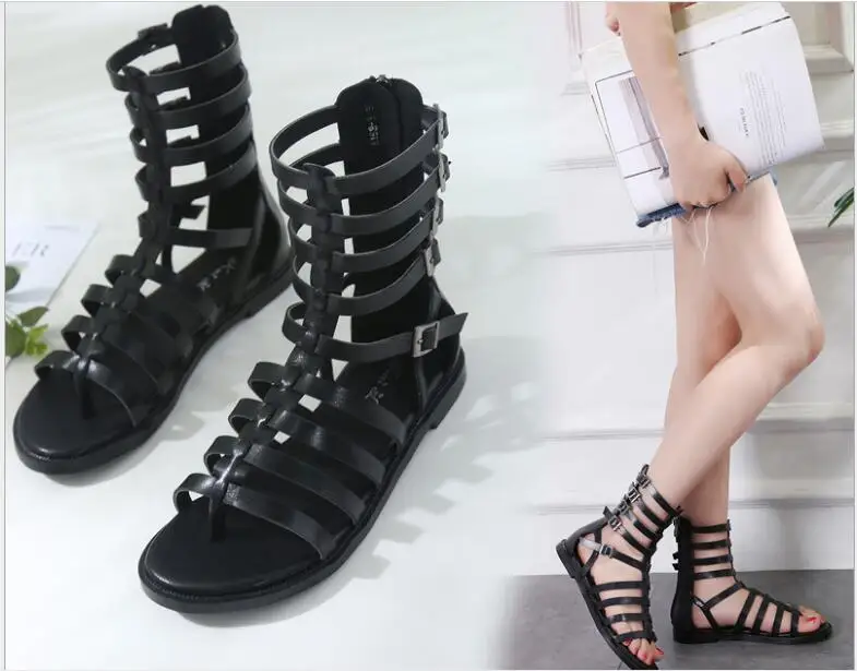 New Women Sandals Flats Shoes For Gladiator Sandals Women Open-toed roman Summer Shoes Woman All-match high-top Black sandals