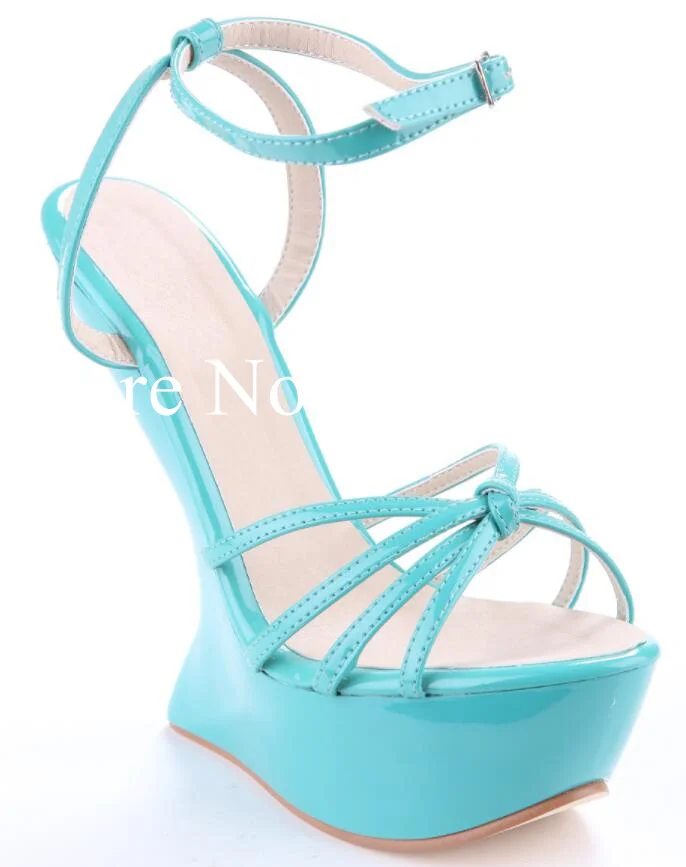 New Patent Leather Candy Color Strange Style Heels Wedge Sandals Woman Super Heels Platform Sandals Fashion Party Shoes