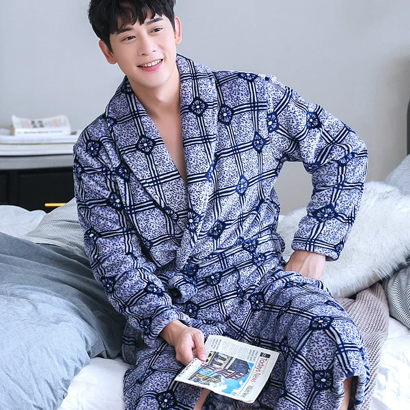 H5955 Men Robes Winter Plus Thick Coral Velvet Long Sleeve Bathrobe Sleepwear Male Warm Large Size Comfortable Soft Nightwear