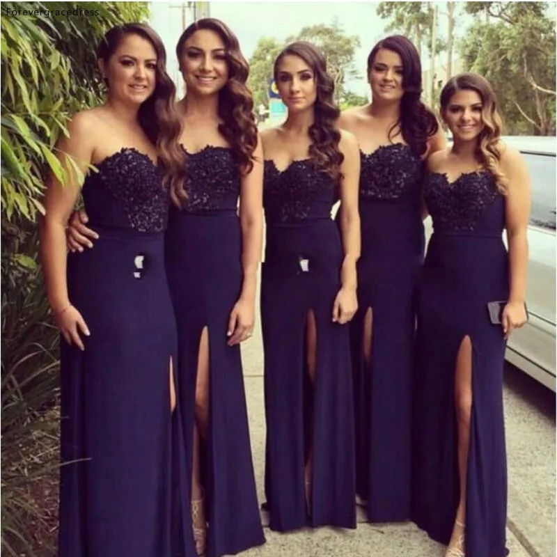 

Navy Blue Long Bridesmaid Dress Side Slit Chiffon Lace Women Wear Maid of Honor Gown