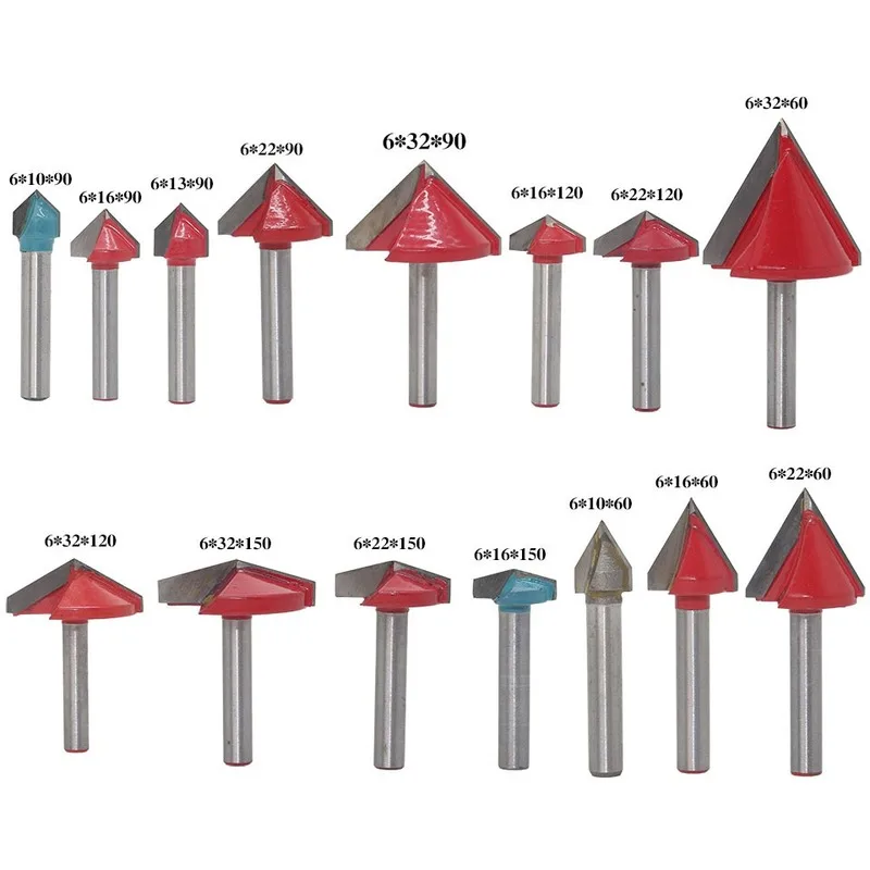 1PCS 6mm V Bit CNC Solid Carbide End Mill Tungsten Steel Woodworking Milling Cutter 3D Wood MDF Router Bit 60 90 120 150 Degrees