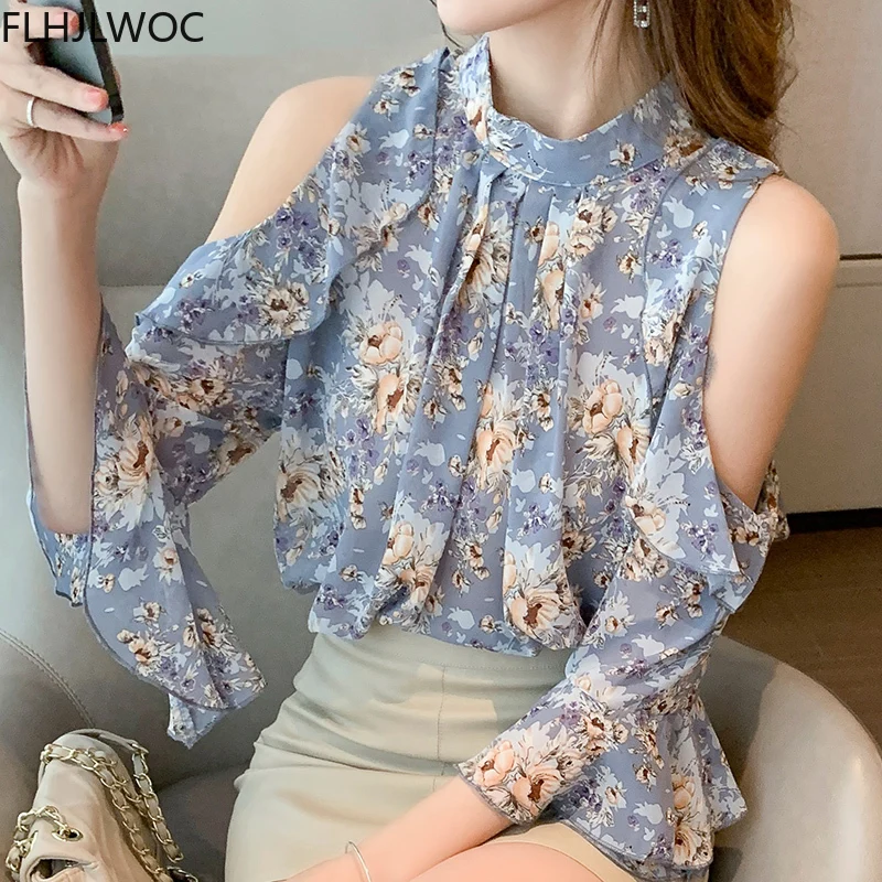 Cute Chic Tops Sweet Girls Holiday Date Wear Women Summer Flhjlwoc Korean Floral Chiffon Ruffled Off Shouler Top Blouse