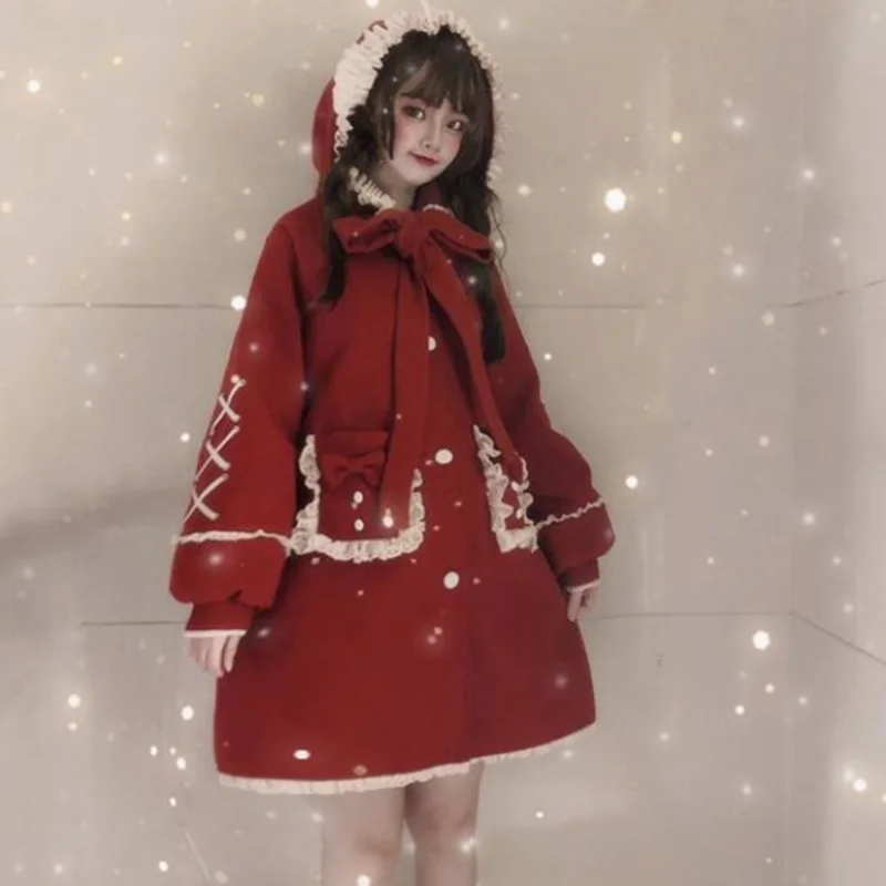 

Kawaii overcoat plus velvet thicken keep warm gothic lolita coat Winter sweet lolita coat vintage falbala bowknot lantern sleev