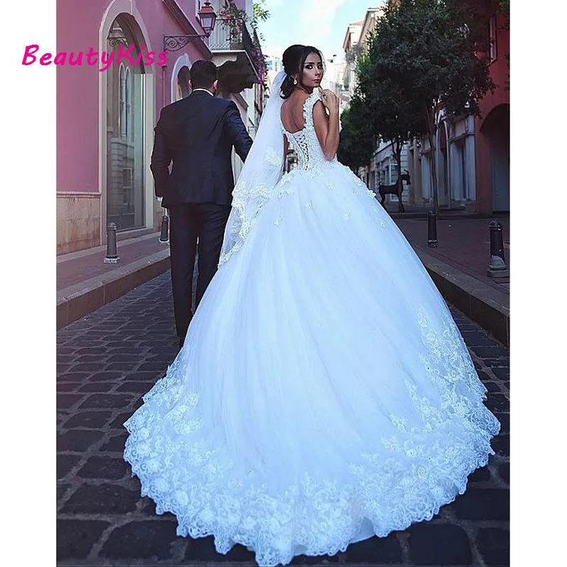 Boho Muslim Ball Gown Wedding Dresses Sweetheart Tulle Lace Beaded Dubai Saudi Arabia Wedding Bridal Dress Vestido De Noiva