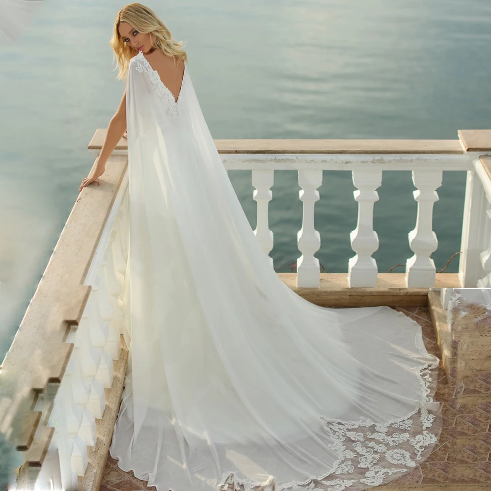 Chic Boho Beach Wedding Dress with Detachabel Cape Customized Sexy Spaghetti Straps V Neck Lace Chiffon A Line Bridal Gowns