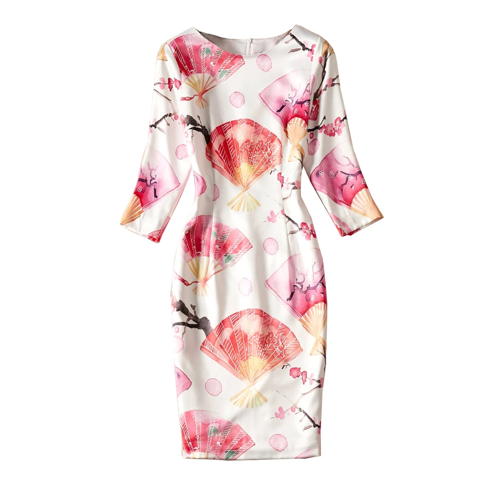 Flowers And Fans Print Women Sheath Dress 3/4 Sleeve Autumn Dresses 10K1973