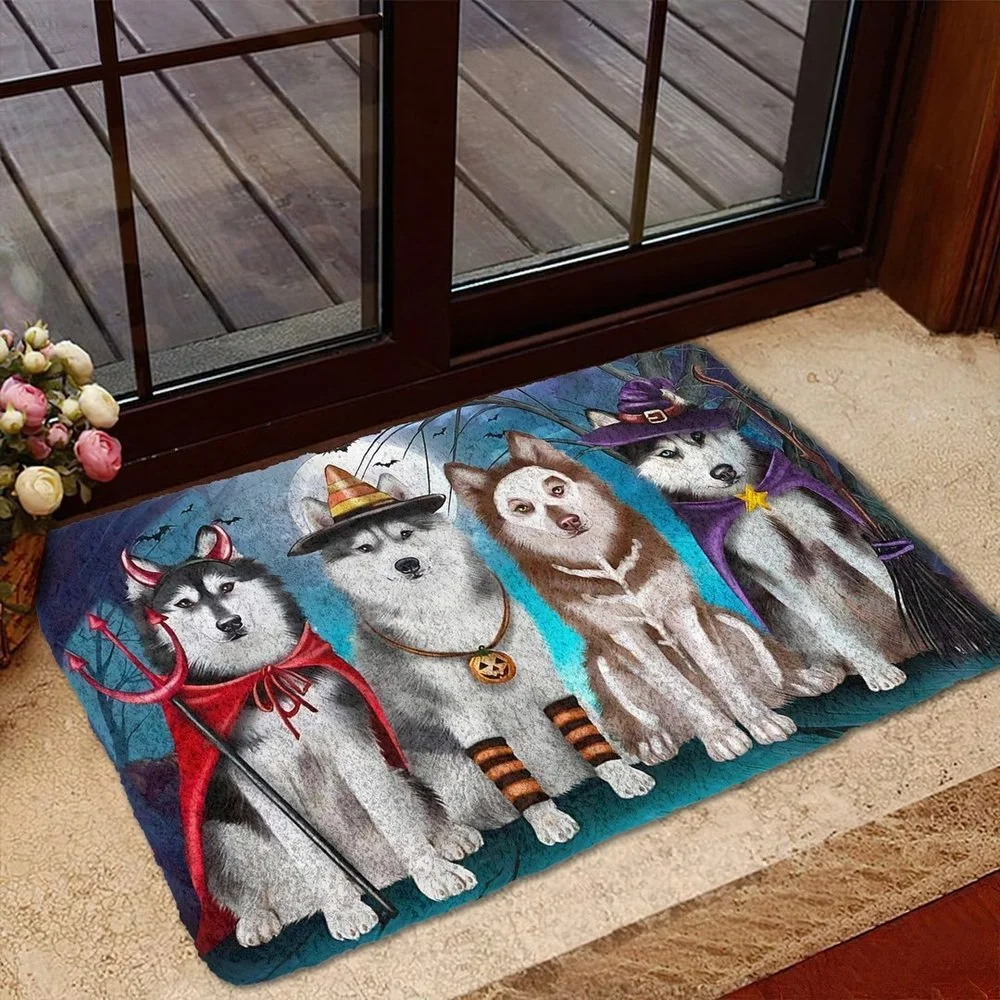 CLOOCL Halloween Doormat Animals Dogs Husky House Doormat Decor Print Absorbent Mat Floor Door Mat Non-Slip Soft Flannel Carpet