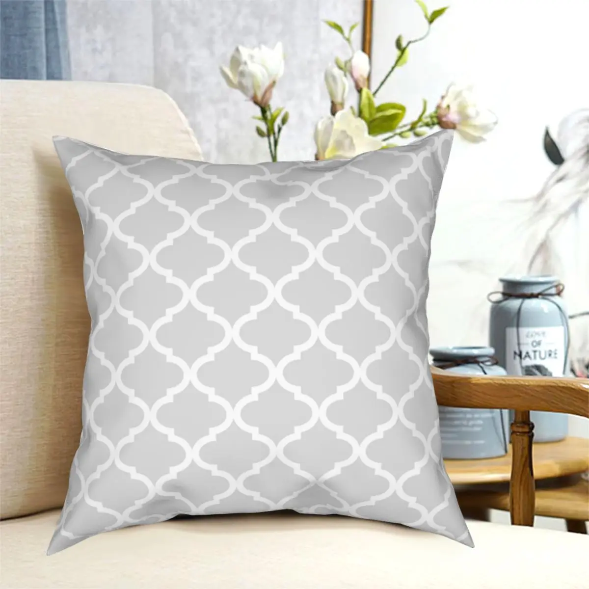 Light Grey Quatrefoil Lattice Square Pillowcase Pattern Zip Decor Throw Pillow Case Home Cushion Cover 45*45cm