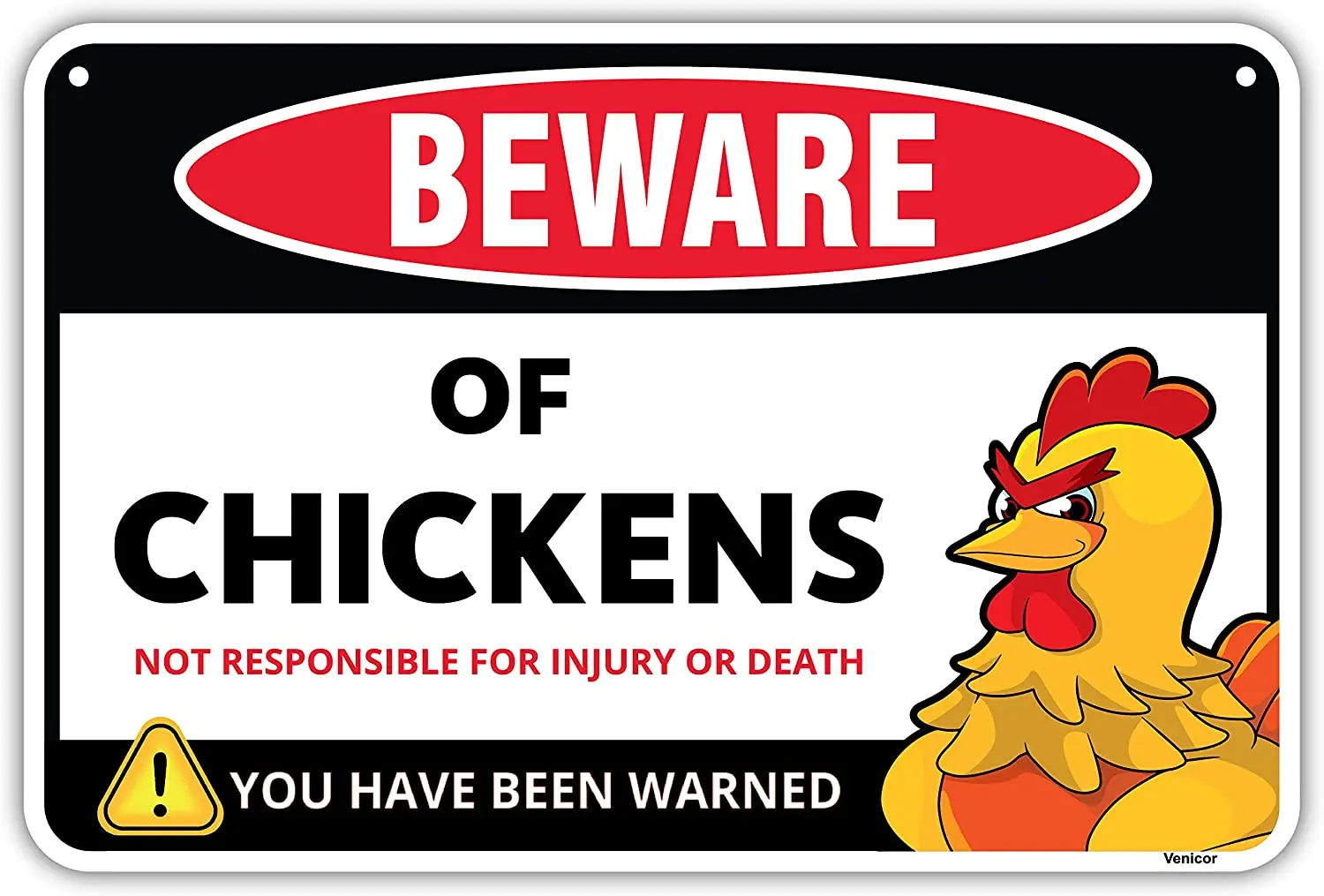 Venicor Beware of Chickens Sign - 8 x 12 Inches - Aluminum - Chicken Signs For Coop Funny Outdoor - Chicken Coop Signs - Chicken