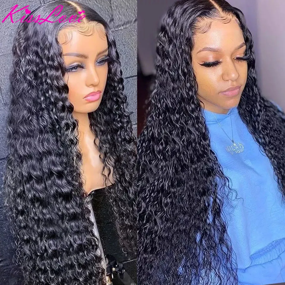 KissLove Deep Wave Human Hair Wigs for Black Women Prepluck Glueless HD Transparent Swiss 4x4 Lace Closure Wig Brazilian Remy