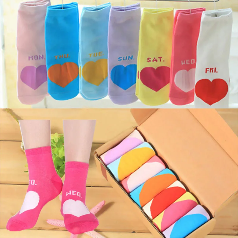 

7 Pairs Socks for Women Girls Pure Cotton Colorful Seven Days Letter Love Heart Socks Short Casual Woman Valentines Gift