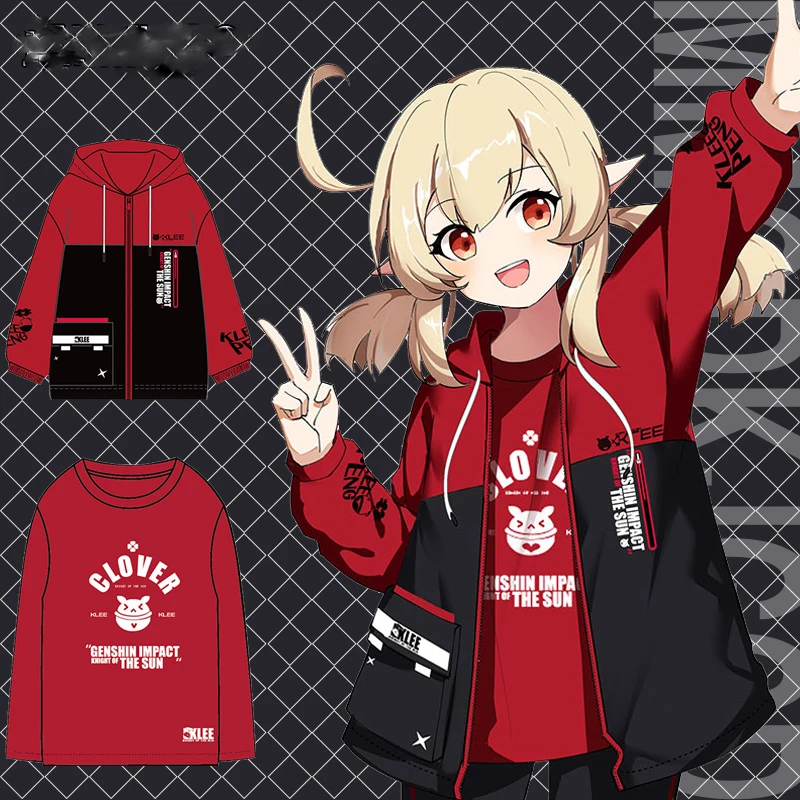 

Anime Genshin Impact Klee Fashion Red Black Cardigan Hooded Coat Men Women Plush Hoodie Jacket Long Sleeve Pullover Tops Shorts