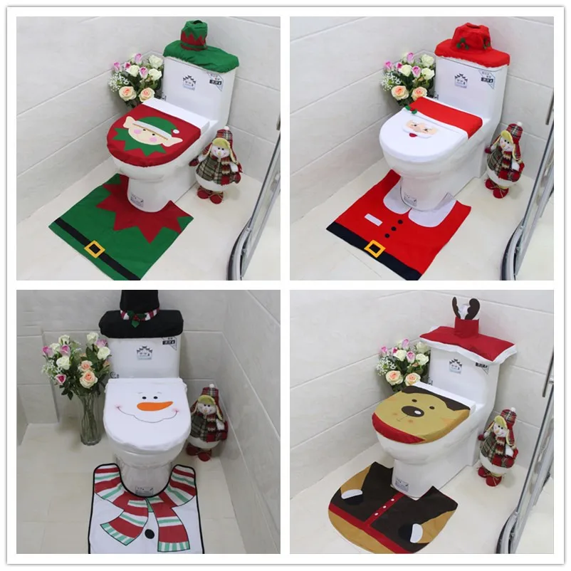 

3 Pcs/set Christmas Decorations Happy Santa Reindeer Toilet Seat Cover and Rug Bathroom Set Christmas Party Home Festive Decor