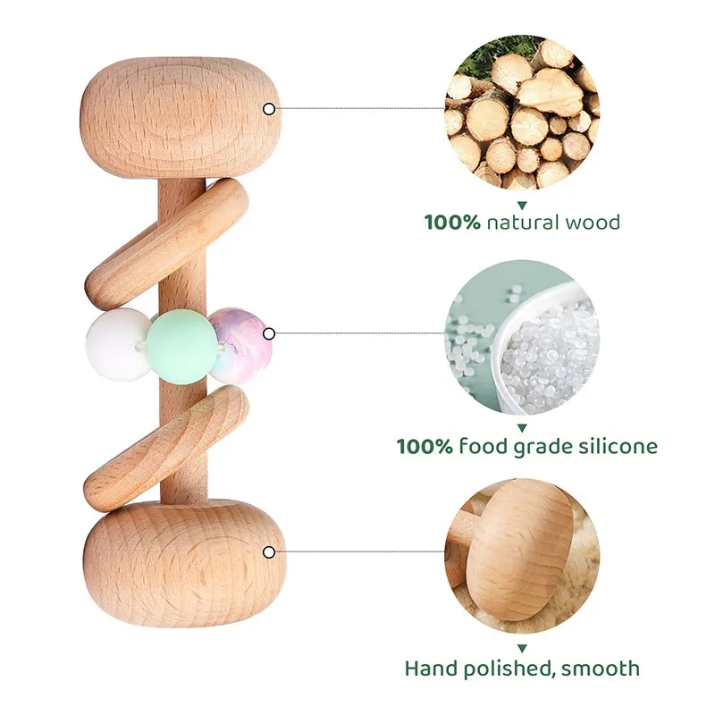 Wooden Rattle Beech Hand Teething Wooden Ring Baby Planet beads Rattles Play Gym Montessori Stroller Toy baby Christmas Gift