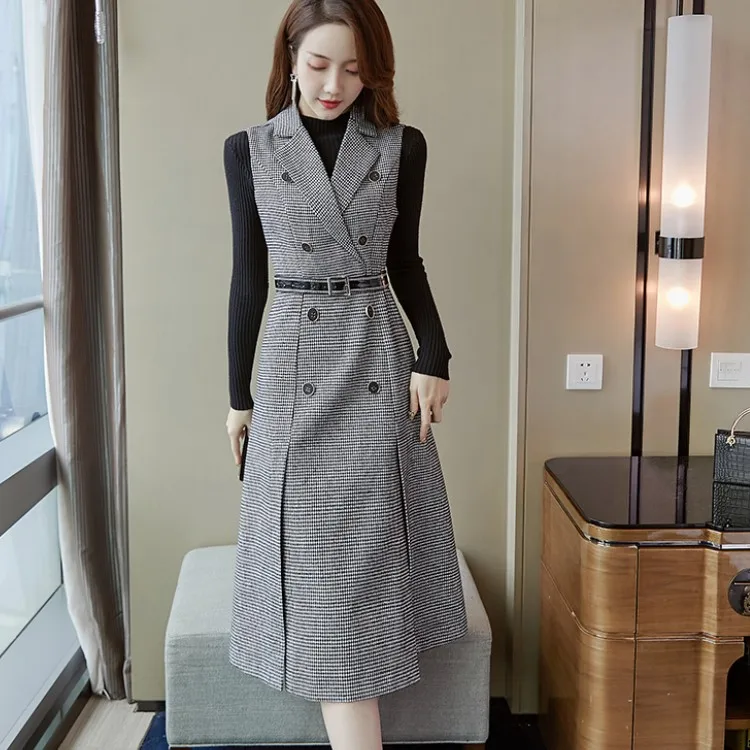 Women Houndstooth Tweed Notched Plaid Dress Two Piece Set Winter Knitted Sweater And Double-Breasted Vest Party Midi Dress Suit