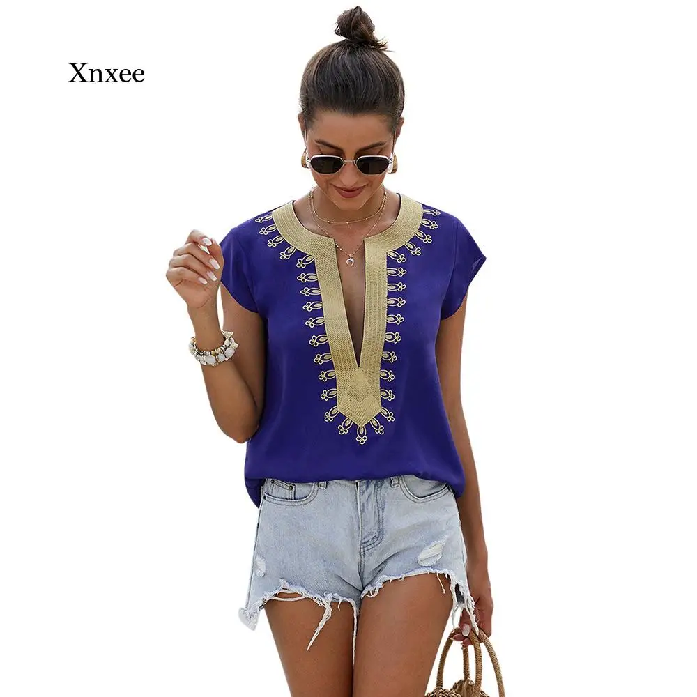 Deep V Neck Loose T-Shirts Women Jumpers Short Sleeve Casual Tops Streetwear Woman Pullovers Fashion Boho Female Loose Tee Blous