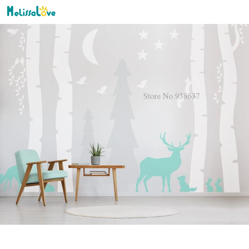 Woodland Birch Tree Animals Forest Baby Room Nursery Decal Deer Kids Custom Wall Sticker Vinyl Removable BB830