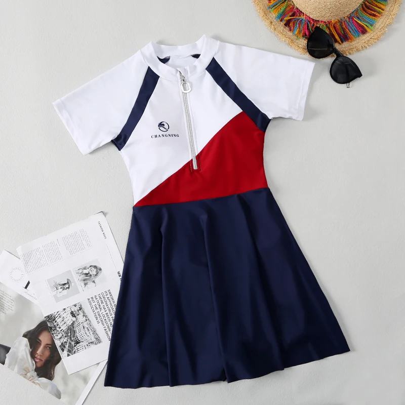 One Piece Swimsuit Women Swimwear Patchwork Female Bathing Suit Bodysuit Swim Wear Beach Short Sleeve Zipper 2021 New With Skirt