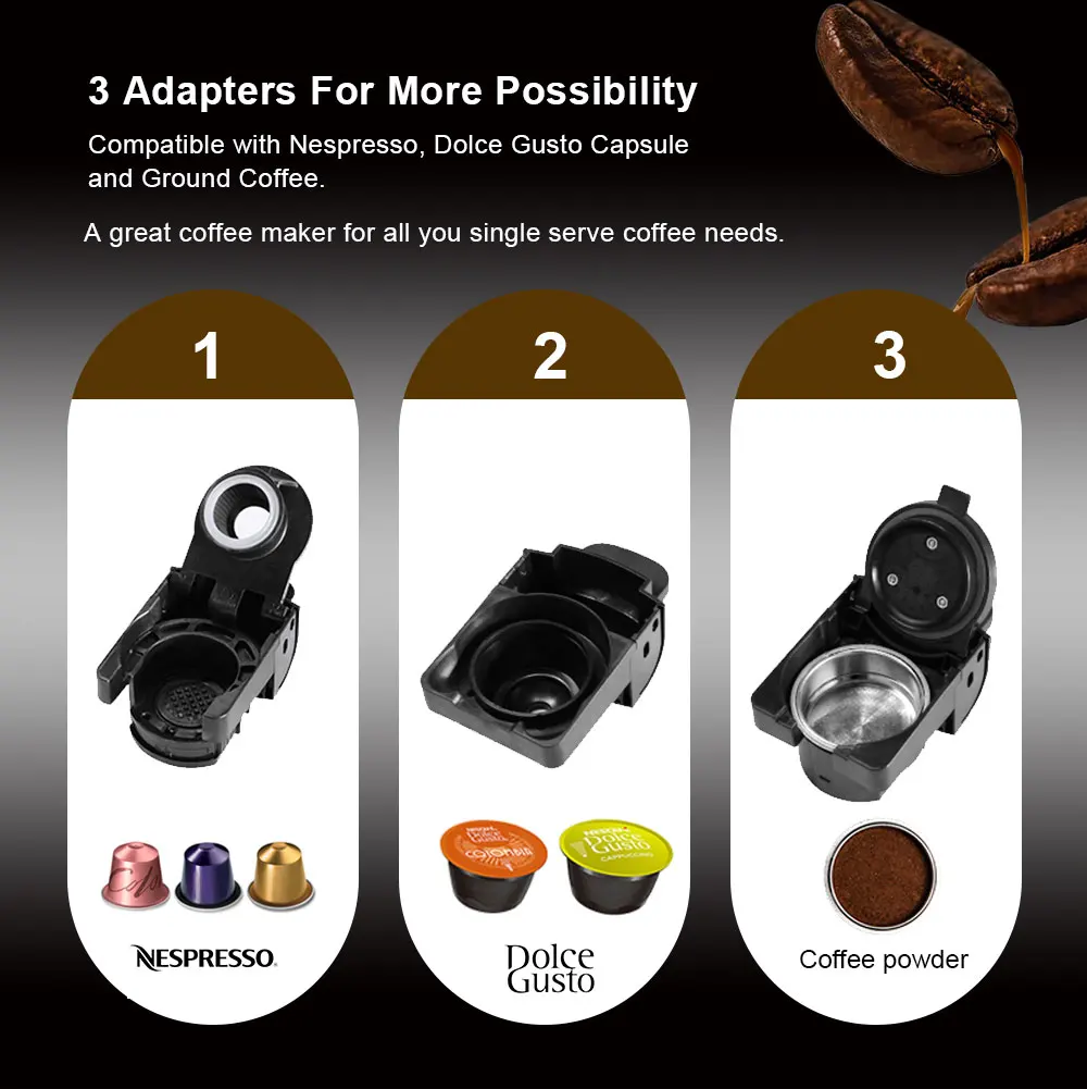 BioloMix-cafetera Espresso 3 en 1, máquina de café con cápsulas múltiples, 19Bar, 1450W, compatible con Nespresso,Dolce Gusto y café en polvo