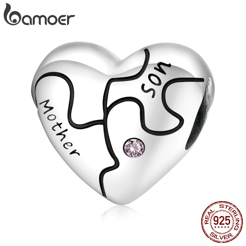 

bamoer Genuine 925 Sterling Silver Heart-Shaped Charm with Love Jigsaw Fit Women Bracelet & Bangle Fine Jewelry Family Gift