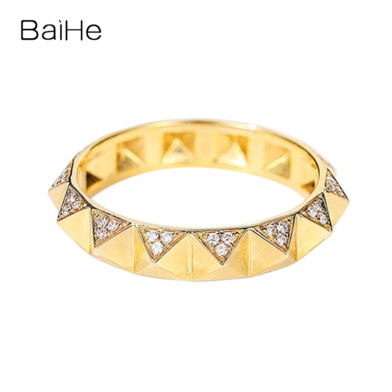 

BAIHE Solid 14K Yellow Gold 0.10ct H/SI Natural Diamond Wedding Band Trendy Fine Jewelry Making Diamond Ring Women Guard Ring