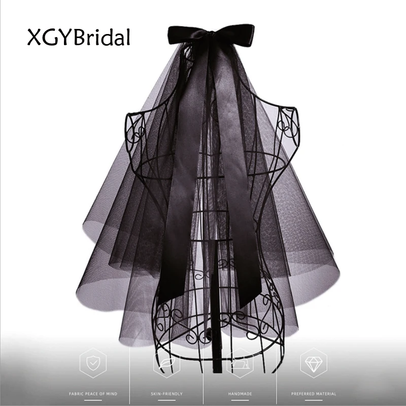 Big Bow Black Bridal Veils Short Ribbon Streamer Retro Dark Halloween Party Wedding Accessories With Hair Comb