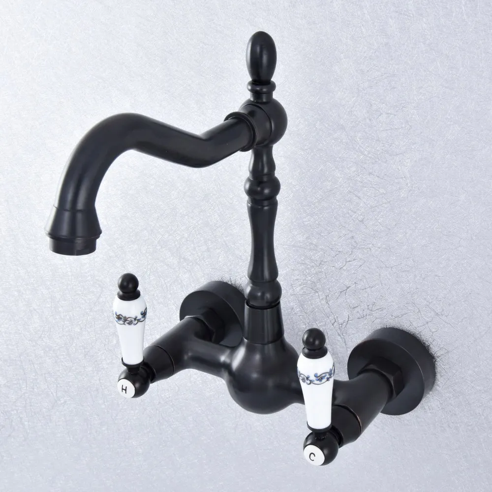 

Basin Faucets Oil Rubbed Bronze Wall Mounted Kitchen Bathroom Sink Faucet Dual Handle Swivel Spout Hot and Cold Taps zsf703