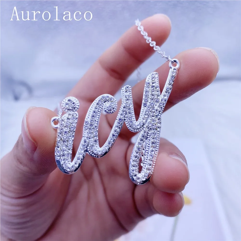 AurolaCo CZ Diamond Name Necklace Box Chain Custom Gold Color Stainless Steel Letter Nameplate Necklace for women Gifts