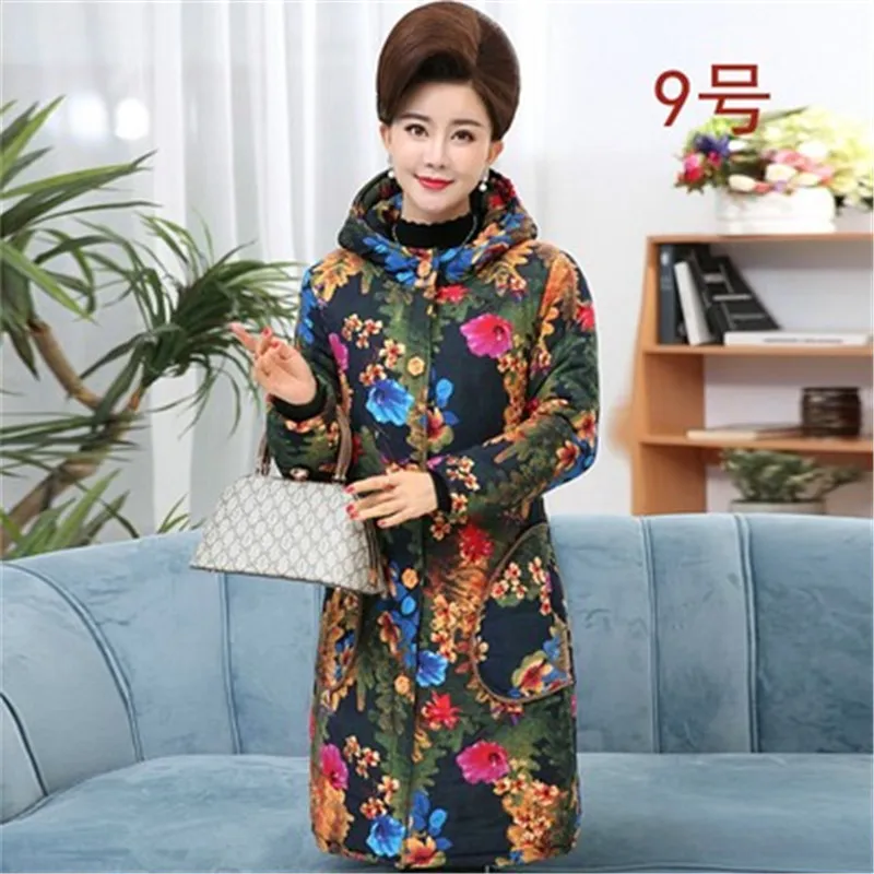 Winter Parkas women cotton jacket flocking thicken warm ethnic wind cotton coat middle-aged printed coat  A258