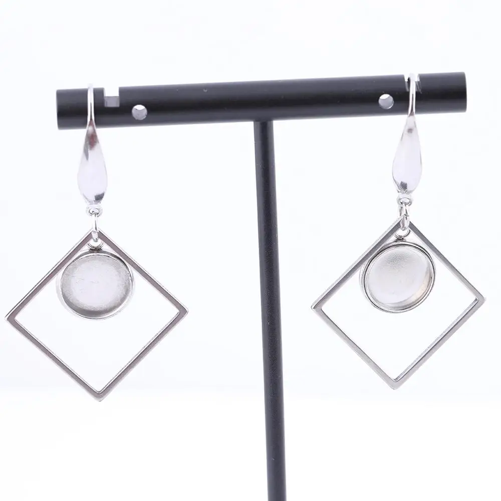 10pcs Fit 10mm Round Cabochon Earring Settings Diy Stainless Steel Blank Base Bezels With Square Frame Charms For Making