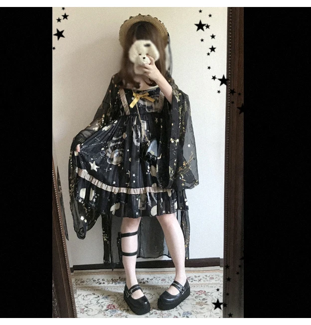 Sweet lolita strap dress vintage bowknot cute printing high waist princess victorian dress kawaii girl gothic lolita cos loli