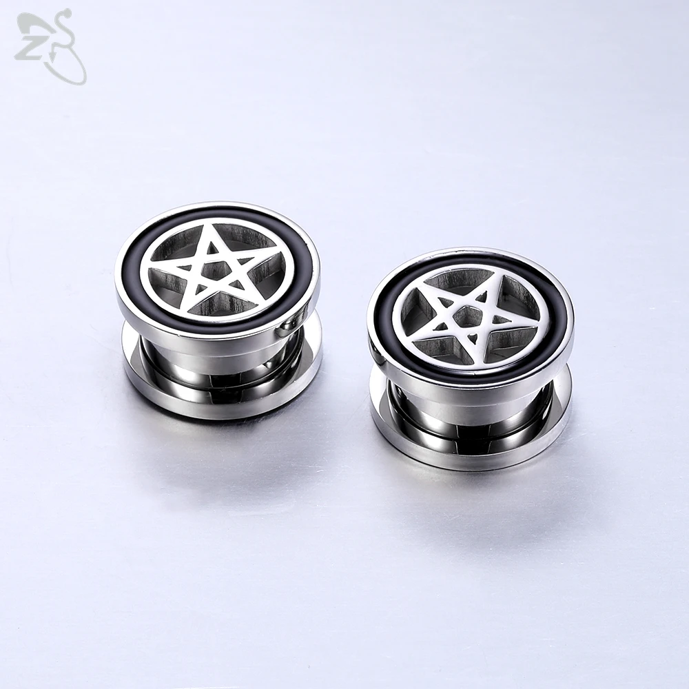 ZS 2pcs/lot Pentgram Star 316L Stainless Steel Ear Plug And Tunnel Men 3-22mm Round Gauges Expander Sterchers Piercing Jewelry